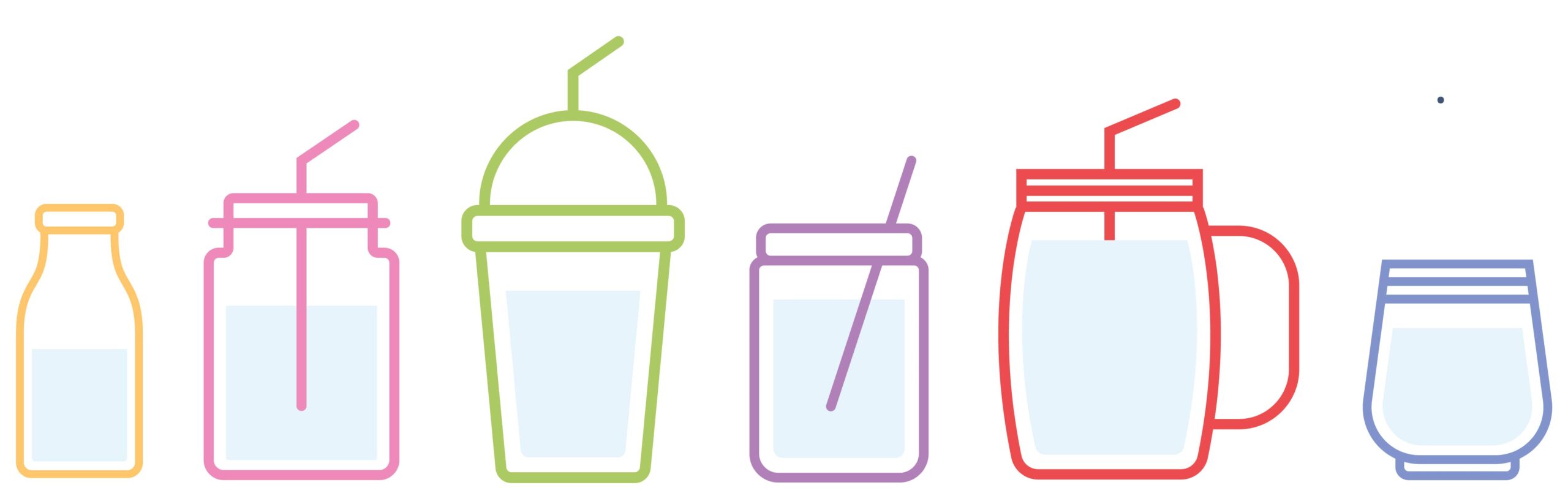 line drawing of 6 drink containers in different sizes and colors